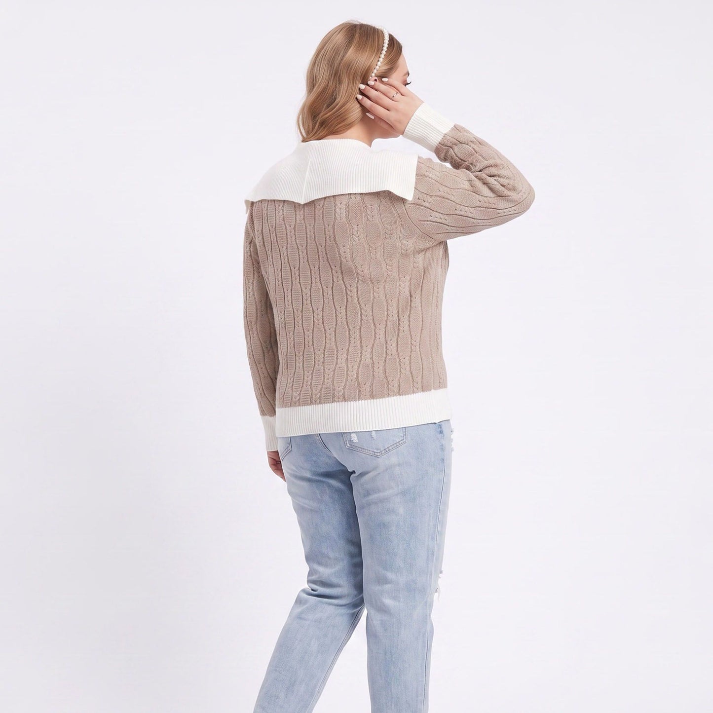 Plus Size Cable Knit Contrast Collar V-Neck Sweater