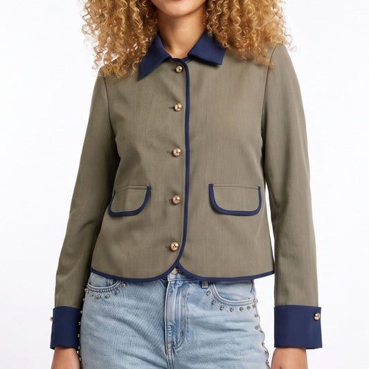 Contrast Trim Button Front Collared Jacket