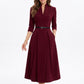 Three Quarter Sleeve Belted Midi Dress with Pleated A Line Skirt