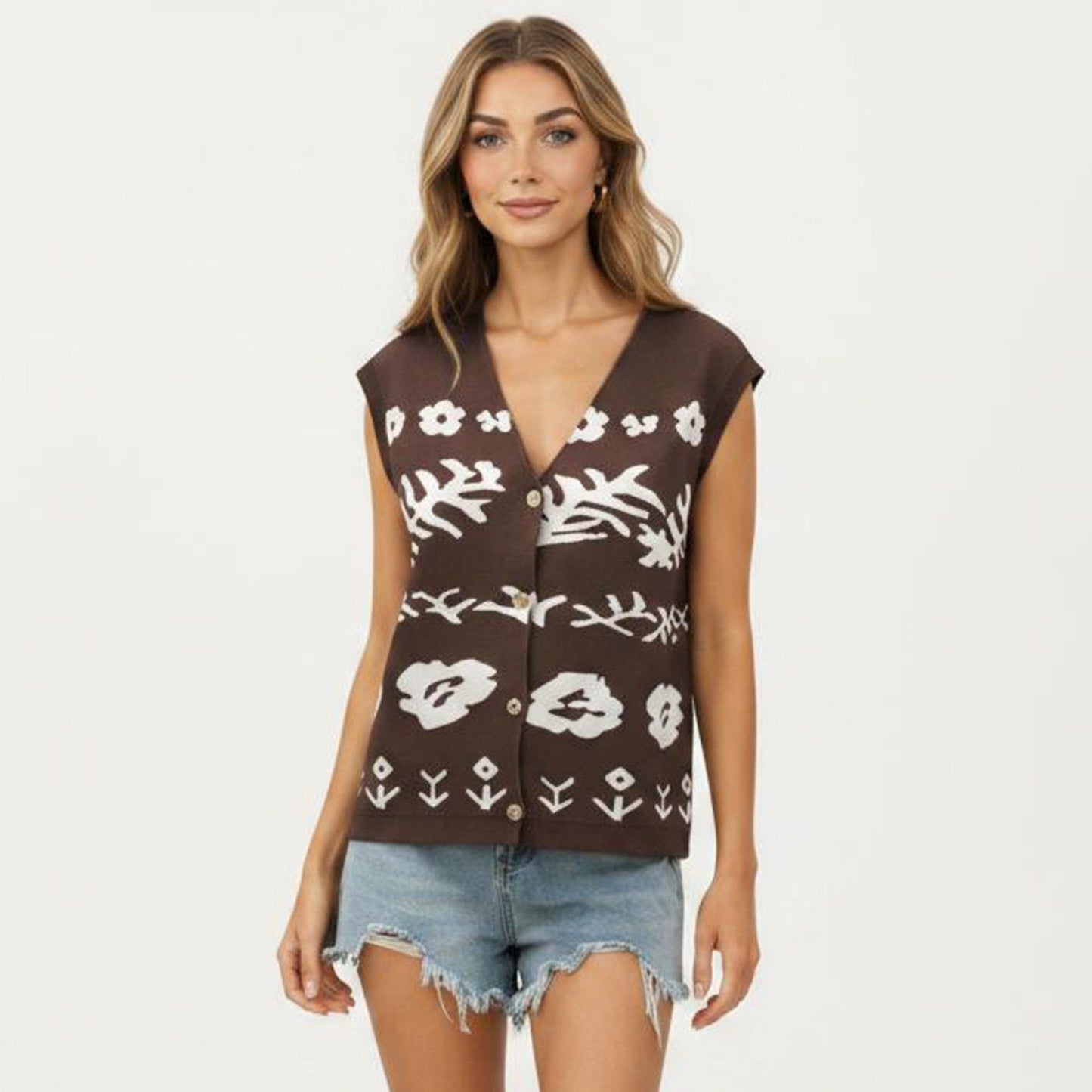 Sleeveless Floral Knit Vest Top with V-Neck Front and Button Detail