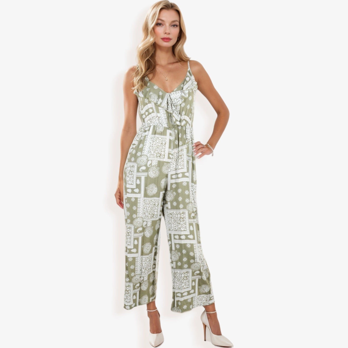 Sleeveless Printed Jumpsuit with V-Neck and Ruffle Details