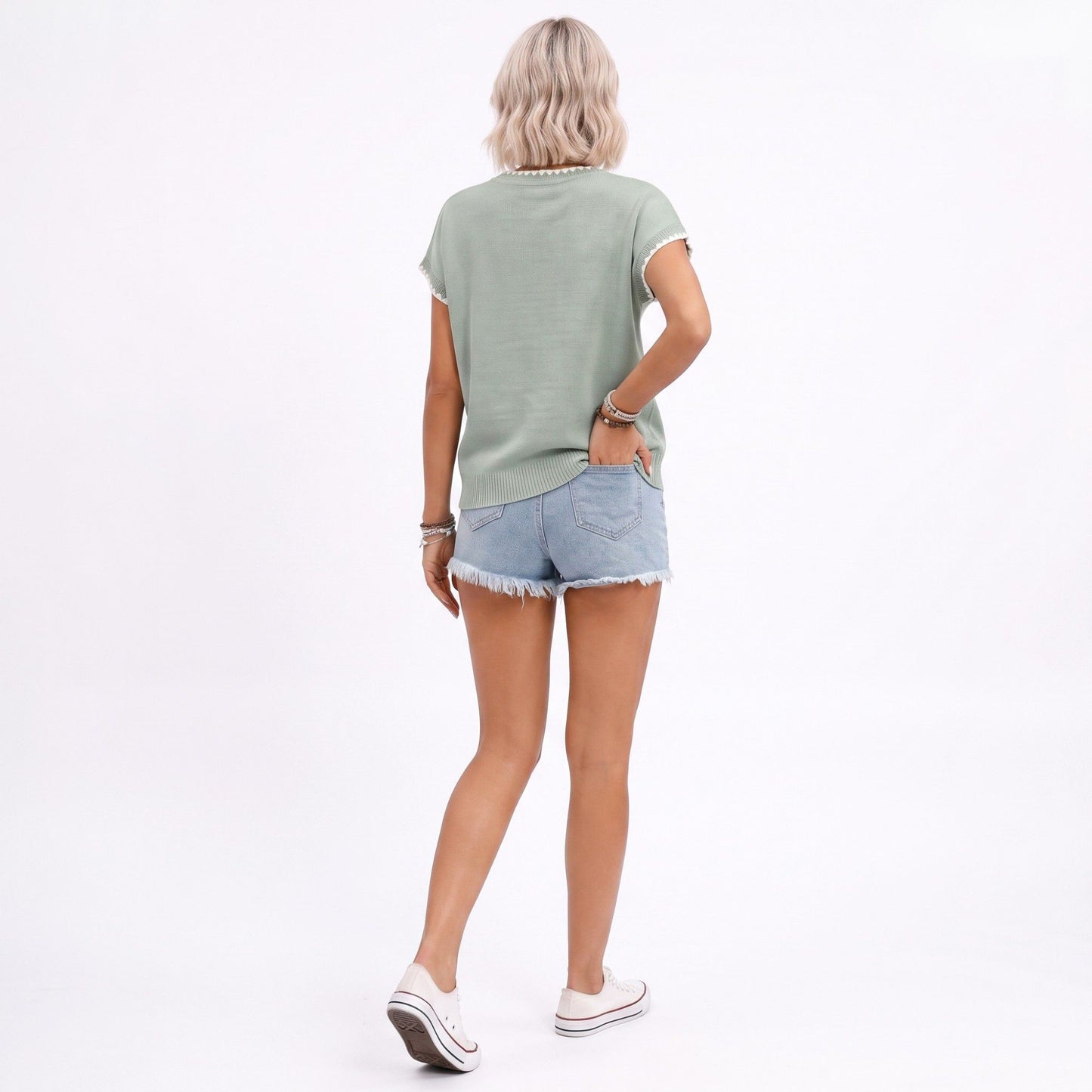 Short Sleeve Sweater Top Scallop Trim Crew Neck Knit Blouse