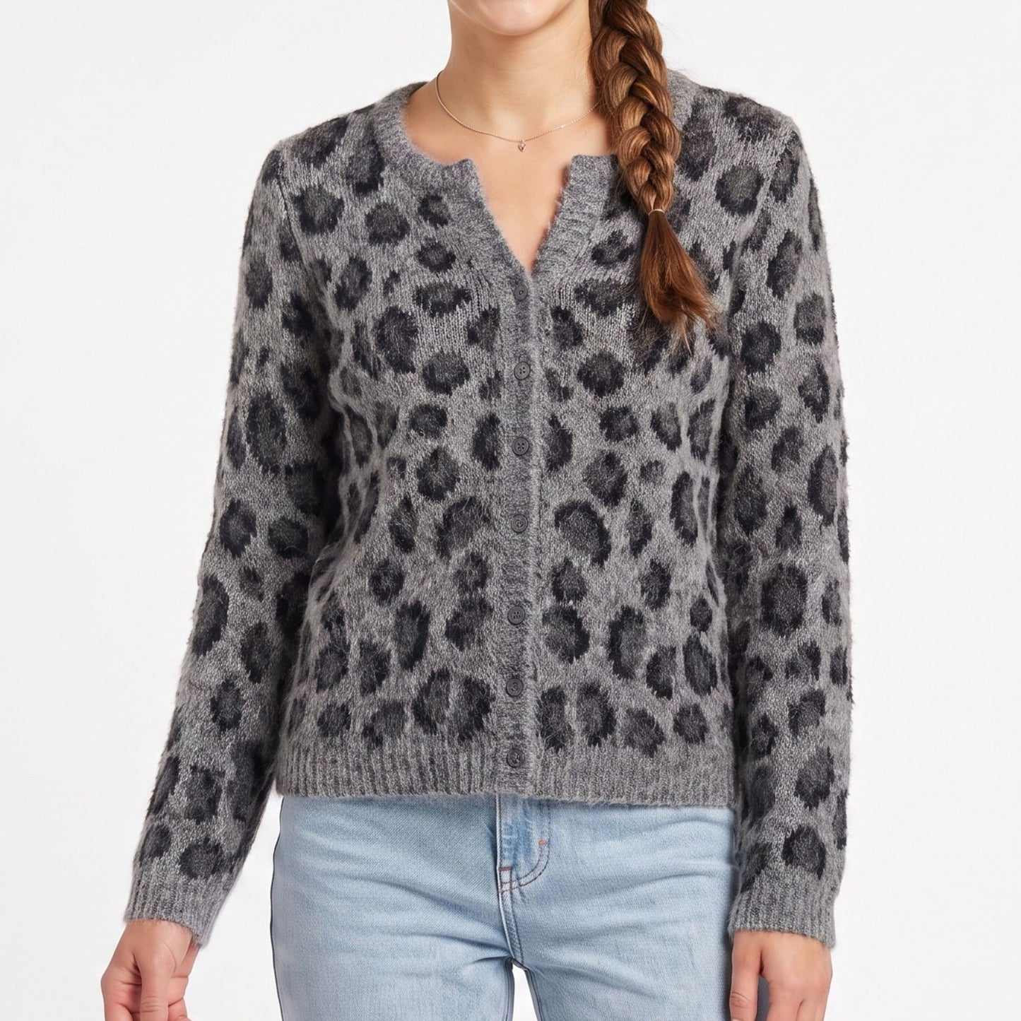 Fuzzy Leopard Print Button Front Cardigan Sweater