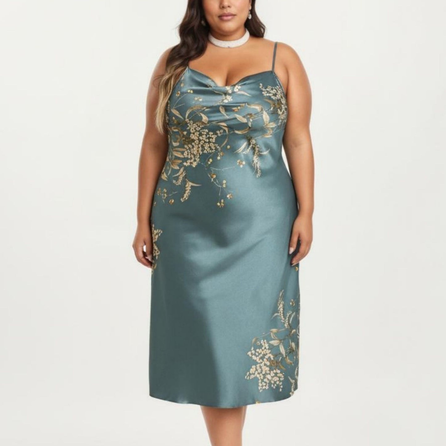 Plus Size Satin Floral Slip Nightgown with Adjustable Spaghetti Straps Cowl Neck Midi Length Sleepwear Dress