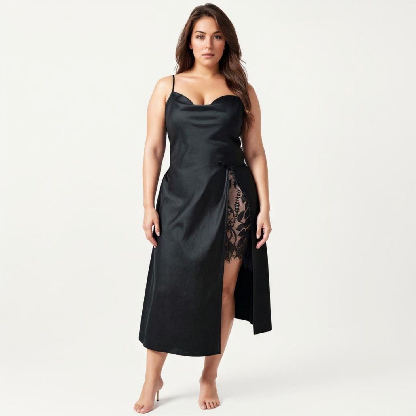 Plus Size Satin Wrap Nightgown with Lace Trim Adjustable Spaghetti Straps Side Tie Midi Length Sleepwear Dress