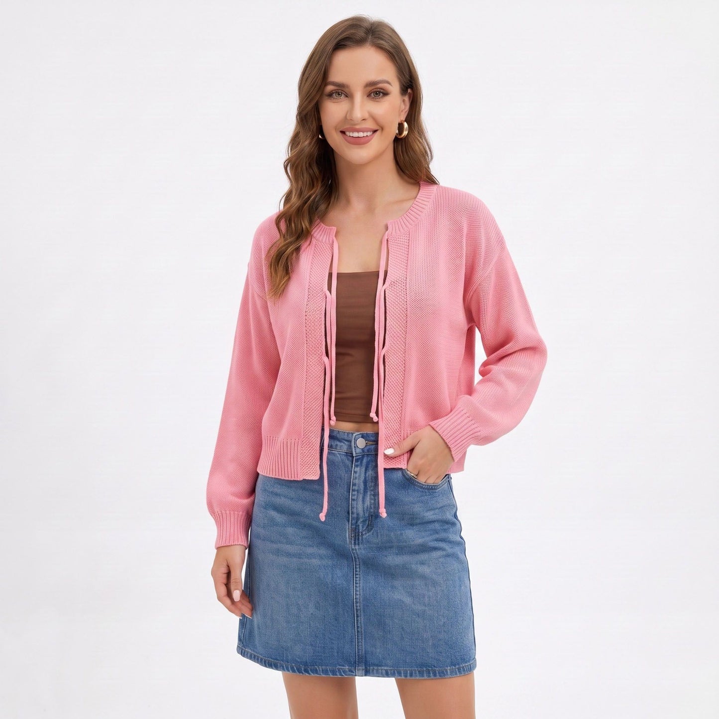 Tie Front Knit Cardigan Sweater with Long Sleeves