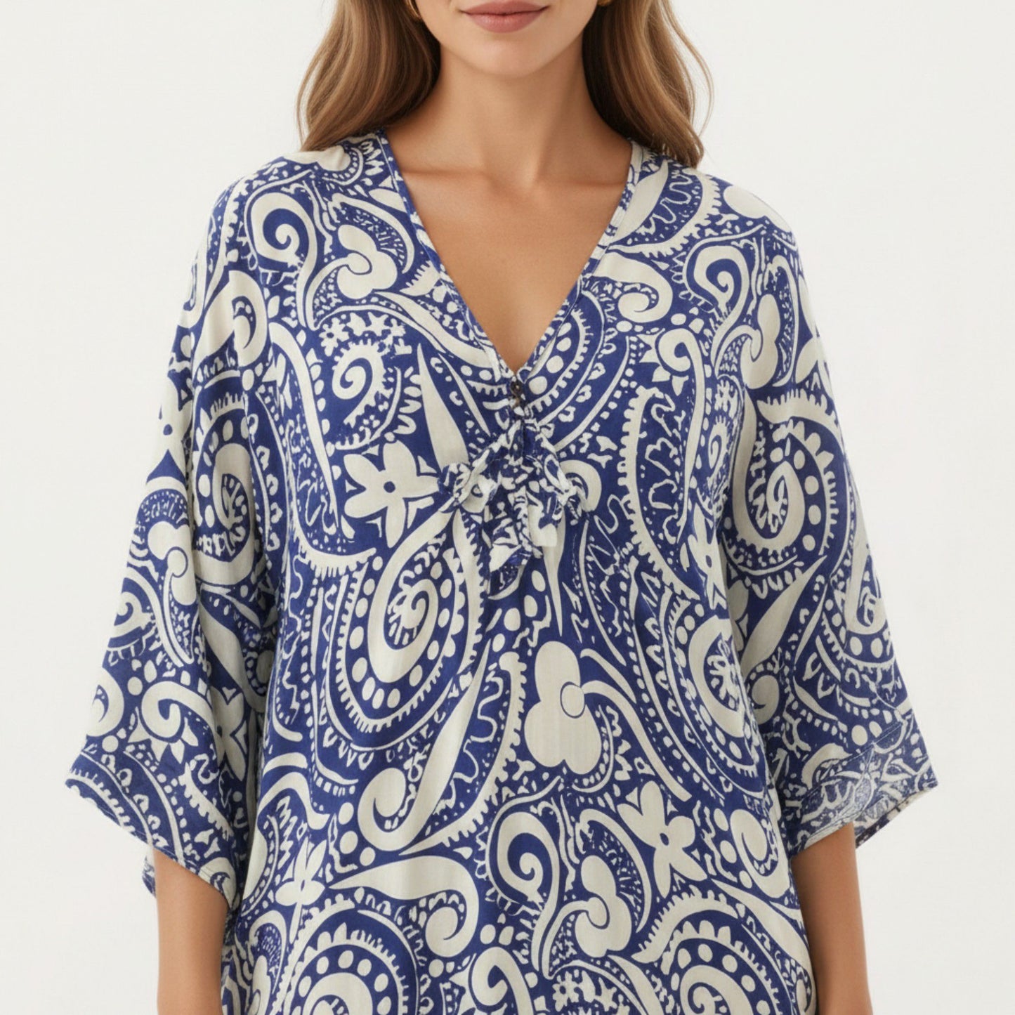 Paisley Print Maxi Dress with V-Neckline Short Sleeves and Relaxed Flowing Silhouette