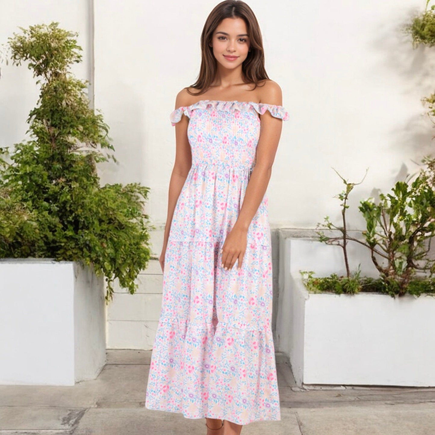 Smocked Chest Floral Print Maxi Dress with Ruffle Hem