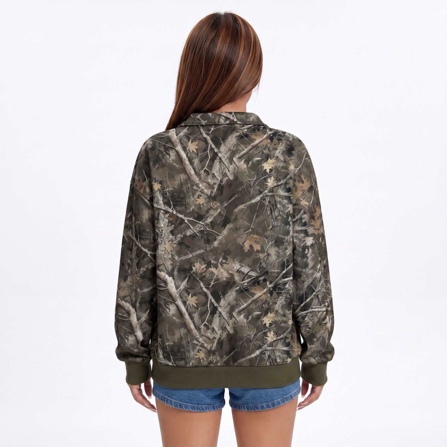 Camo Print Quarter Zip Long Sleeve Pullover Sweatshirt