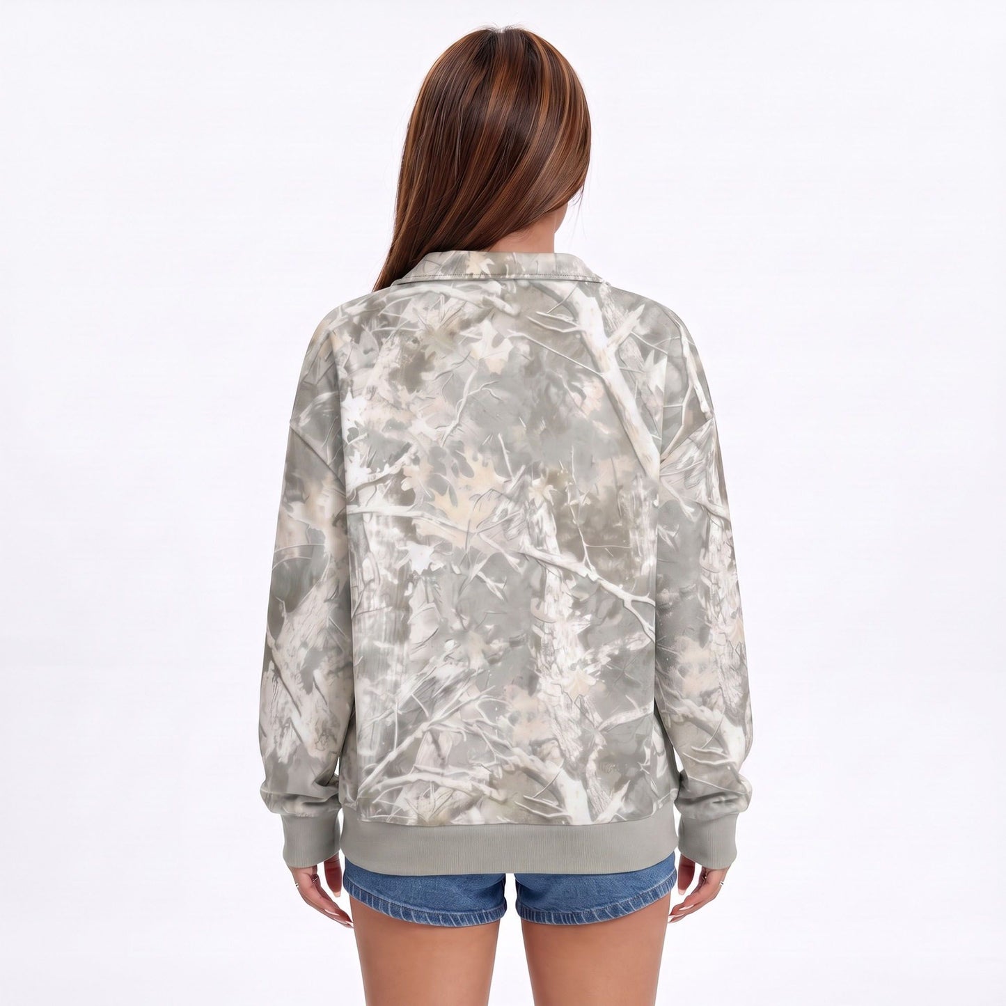 Camo Print Quarter Zip Long Sleeve Pullover Sweatshirt