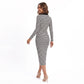 Striped Polo Midi Dress Long Sleeve Collared Button Placket Fitted Knit Dress