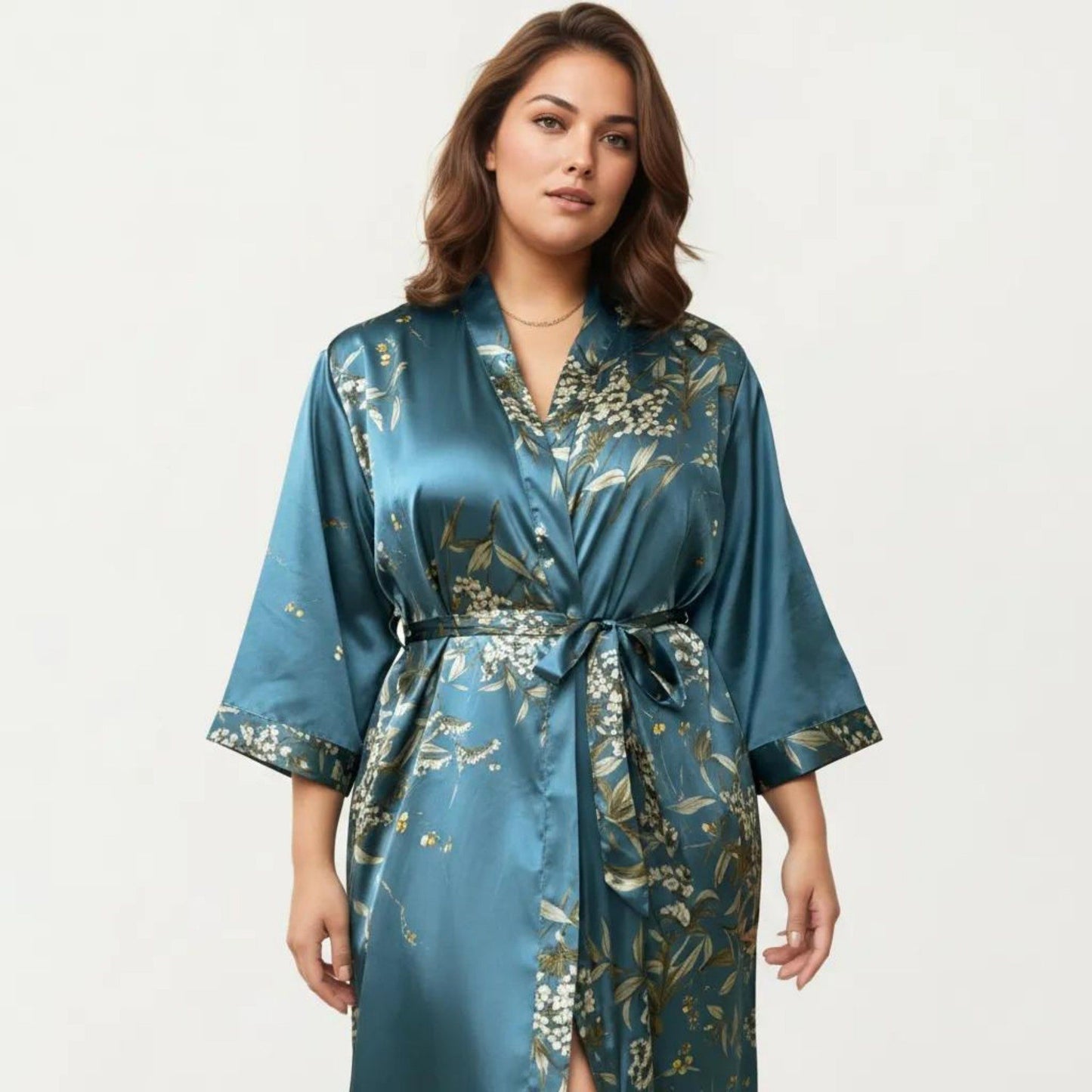 Plus Size Satin Floral Kimono Robe with Self Tie Belt Longline Open Front Lightweight Sleepwear