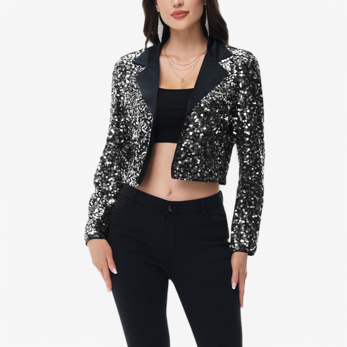 Sequin Cropped Blazer Long Sleeve Sparkly Open Front Jacket