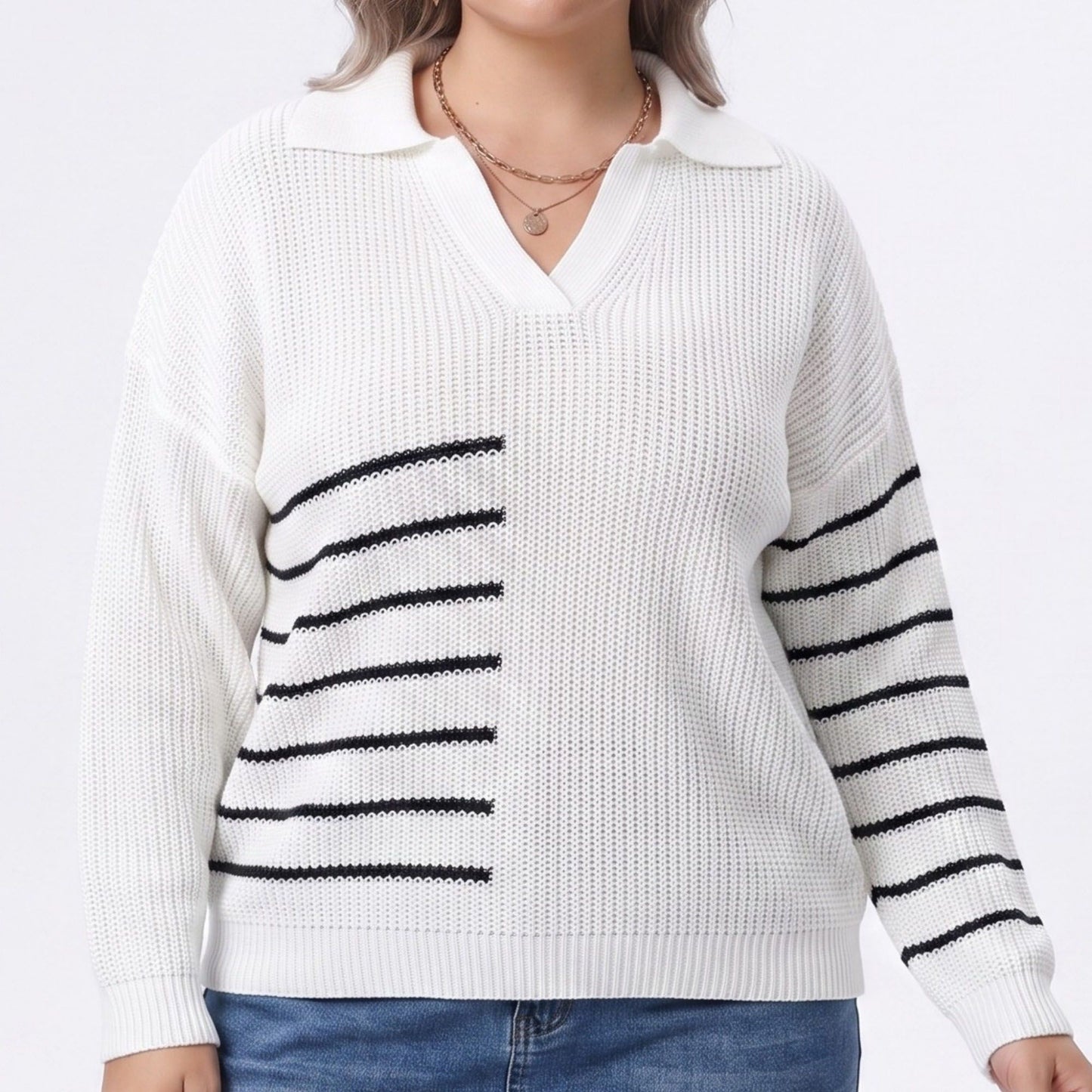 Plus Size Striped Johnny Collar Knit Sweater