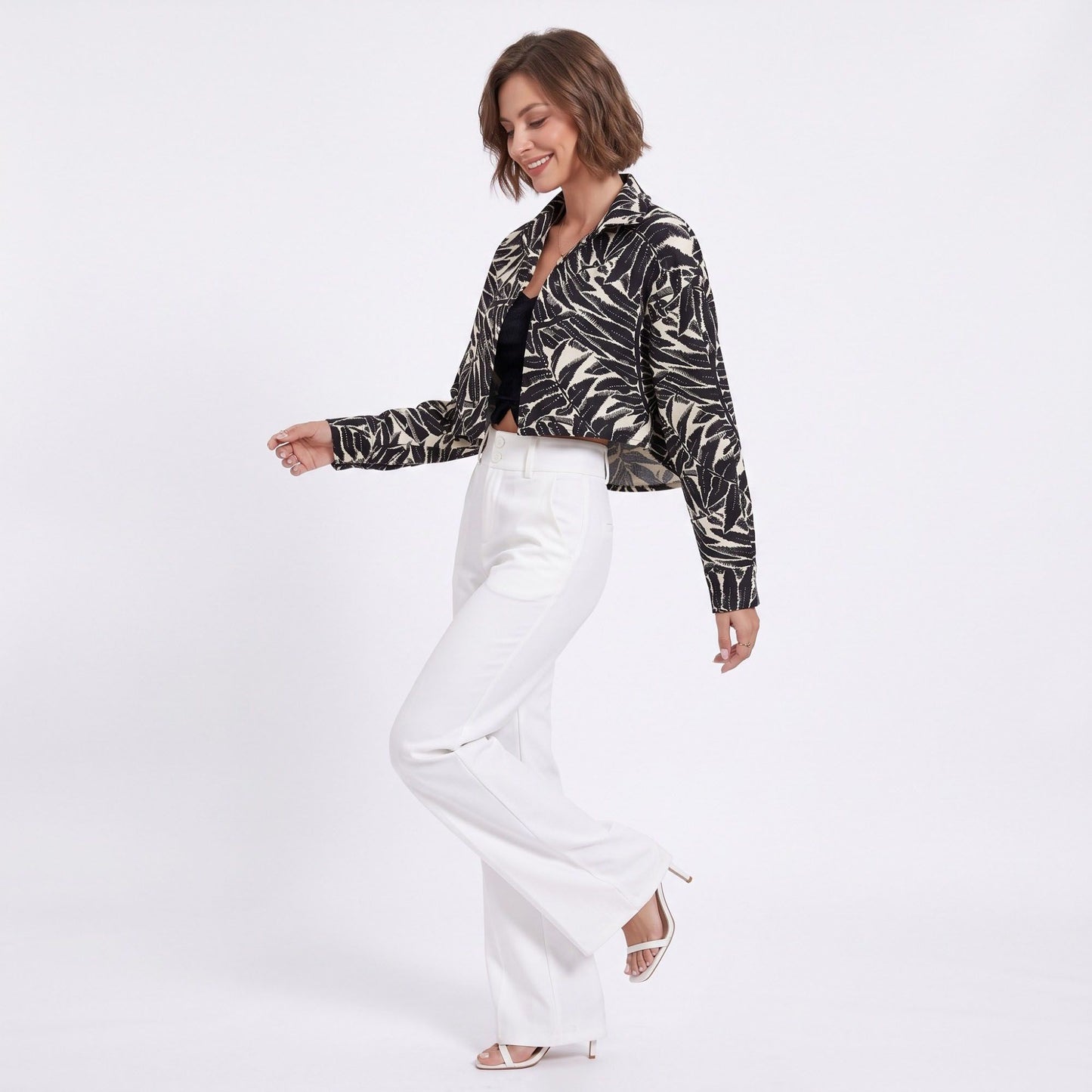 Tropical Leaf Print Cropped Jacket Long Sleeve Open Front Collared Blazer