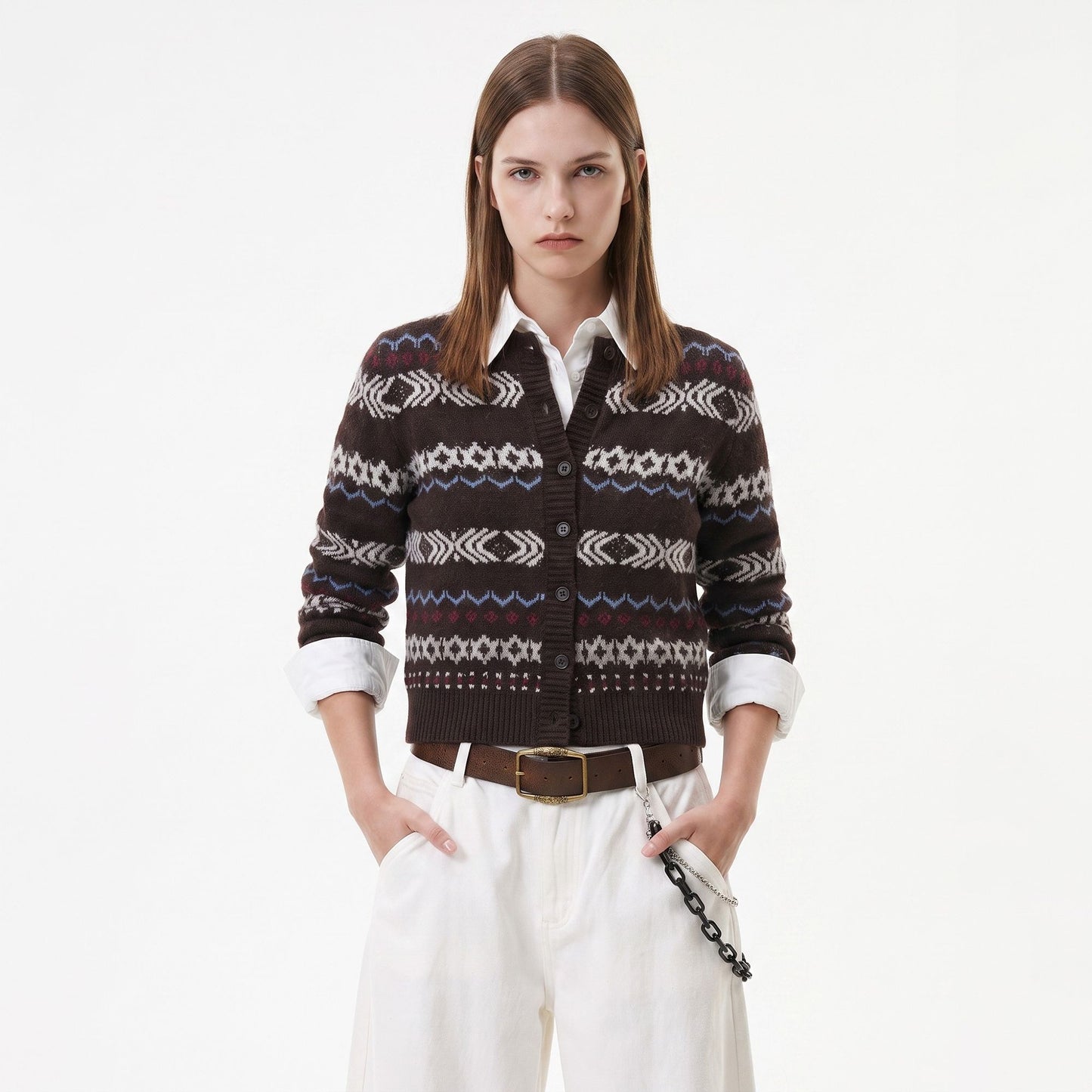 Geometric Pattern Button Front Knit Cardigan Sweater