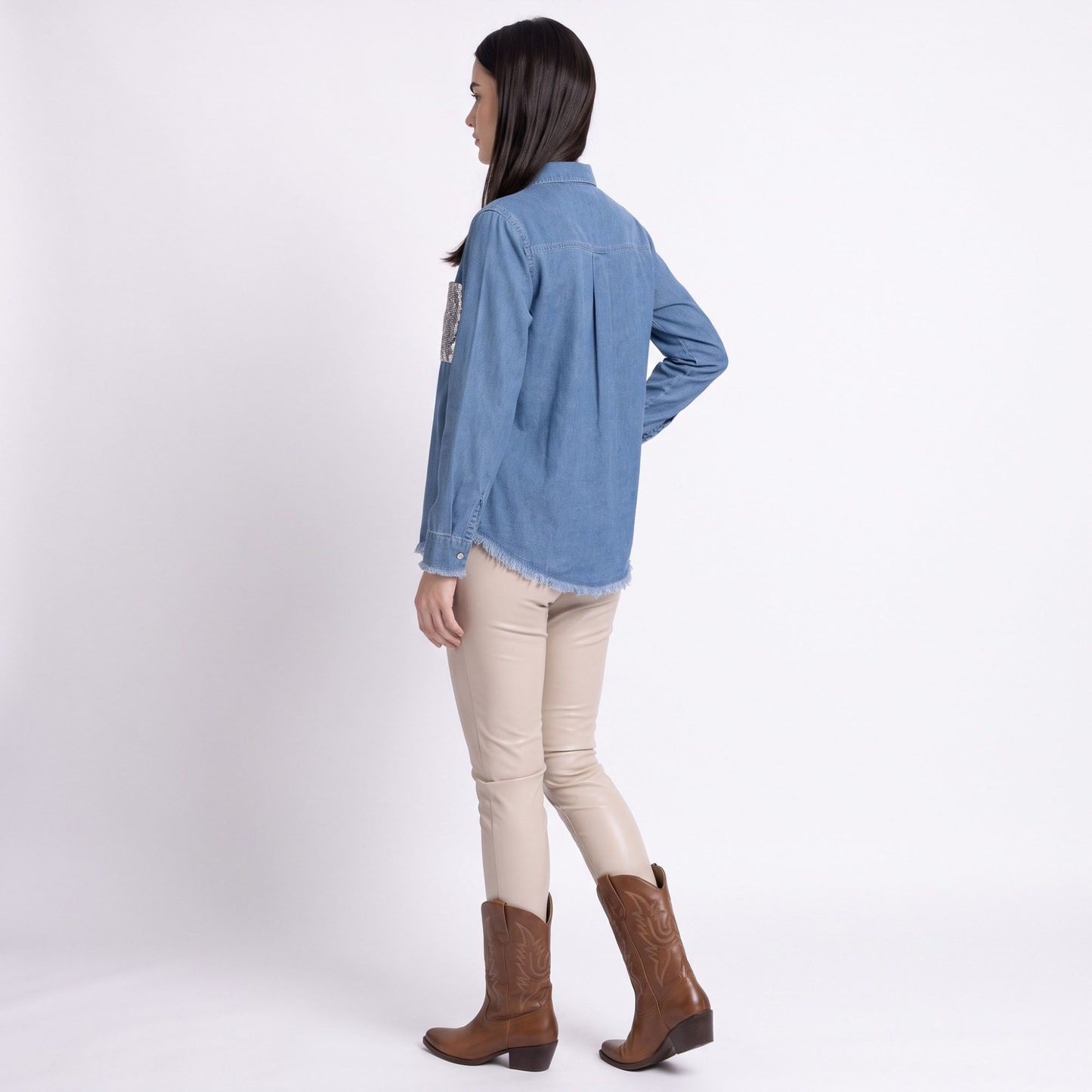 Sequin Denim Shirt Jacket Button Front Long Sleeve Frayed Hem Shacket