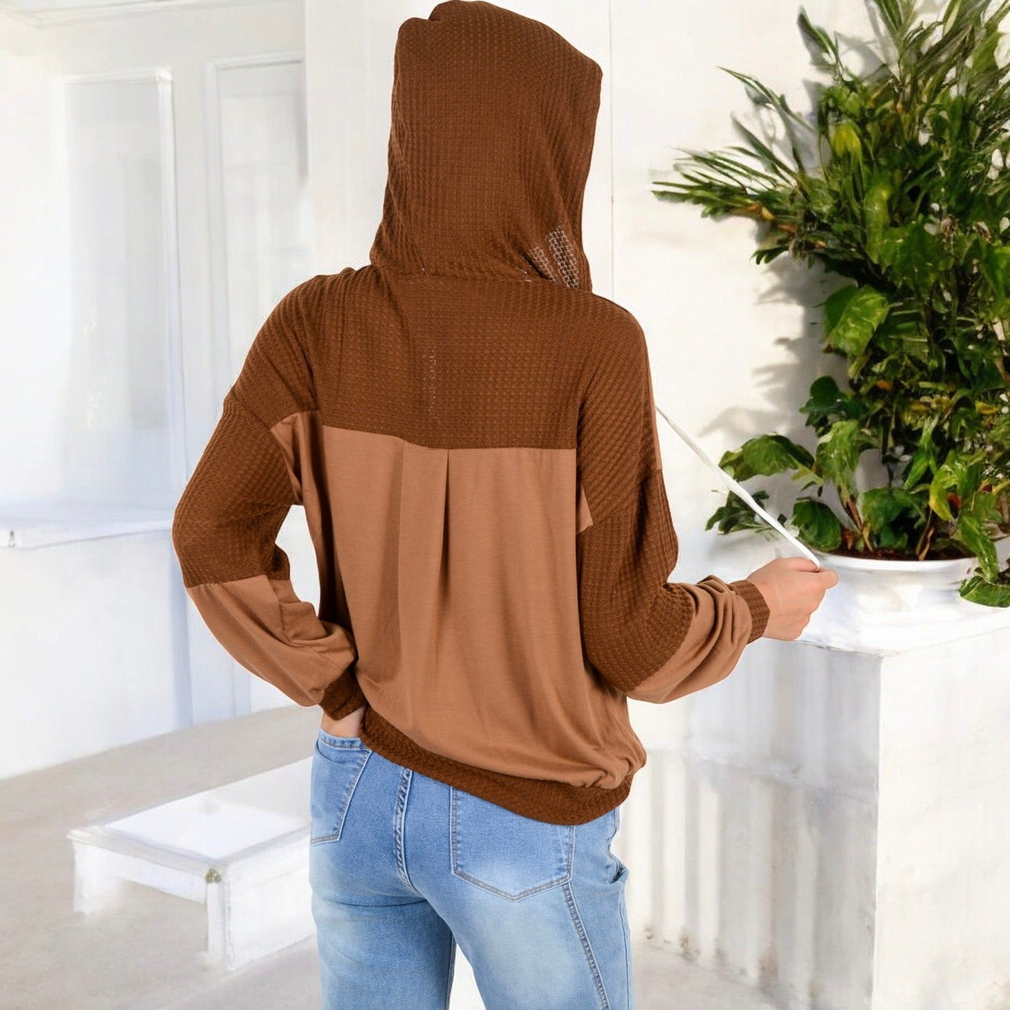 Waffle Knit Hoodie with Contrast Patchwork Design