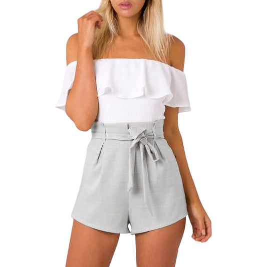 Off Shoulder Jumpsuit Ruffled Bow Tie Shorts Set