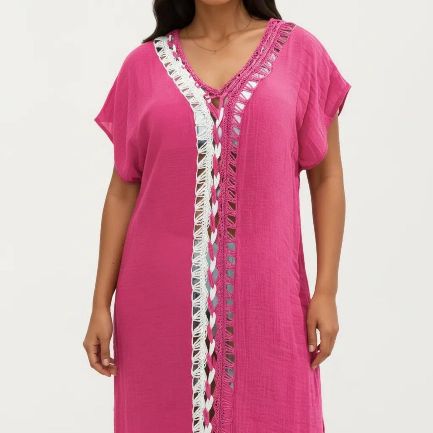 Maxi Swim Cover Up Dress with Crochet Trim V Neck Short Sleeves Relaxed Lightweight Fit