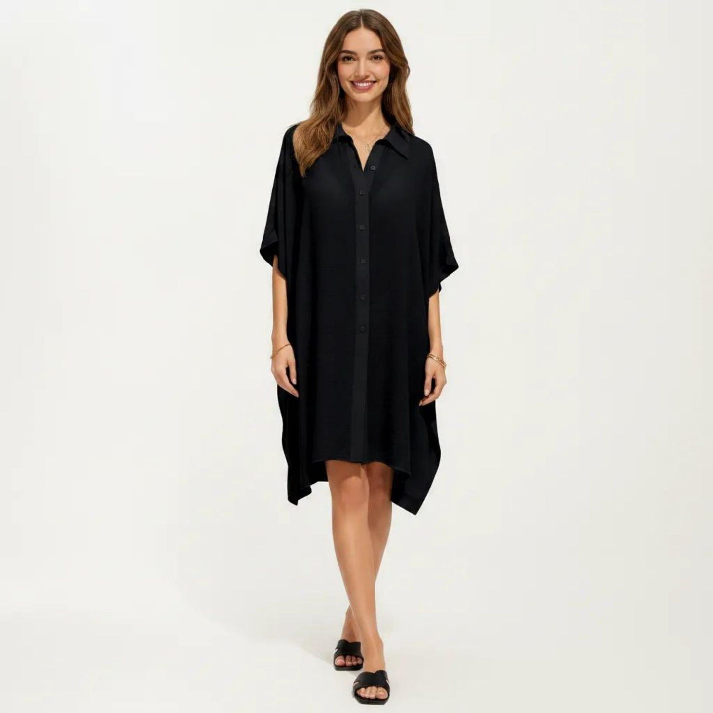 Button Front Swim Cover Up Shirt Dress Loose Lightweight Beach Kaftan