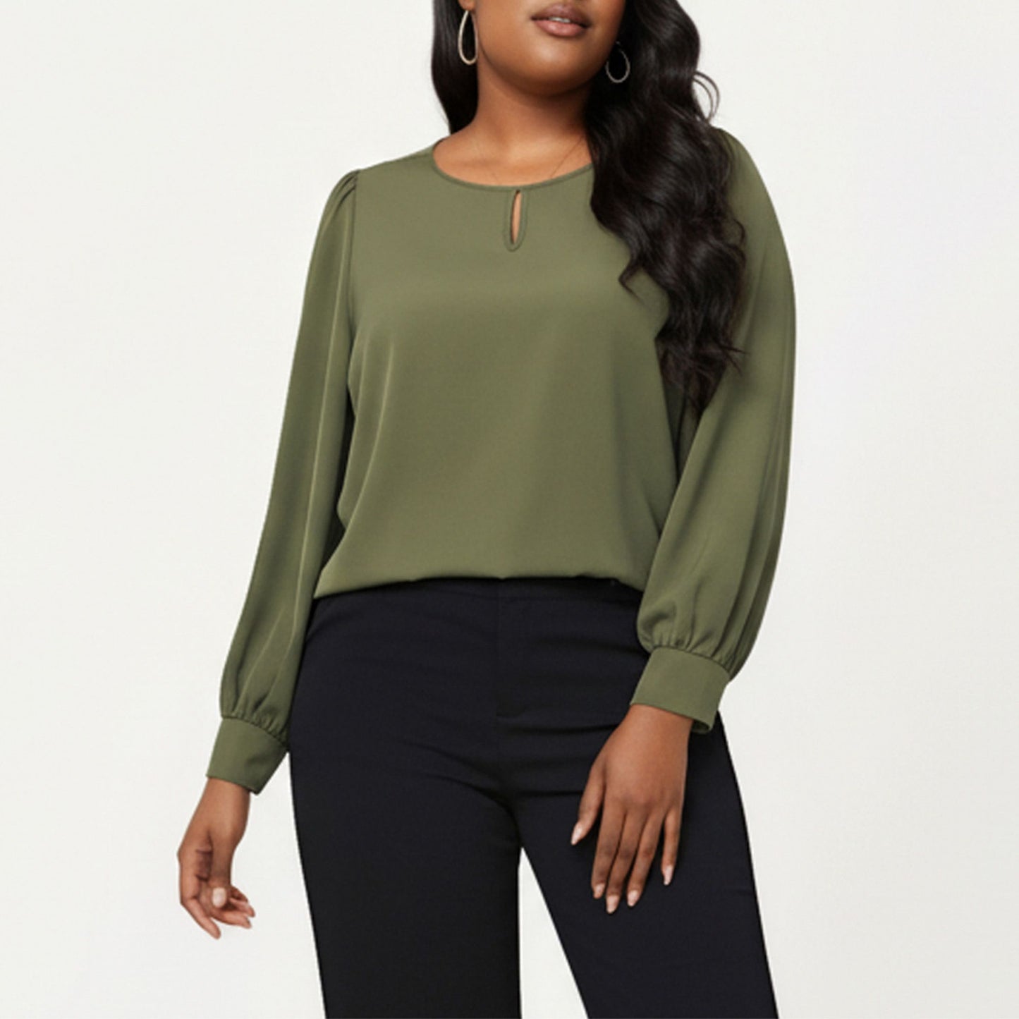 Plus Size Long Sleeve Keyhole Neck Pullover Blouse with Soft Draped Fabric and Relaxed Fit