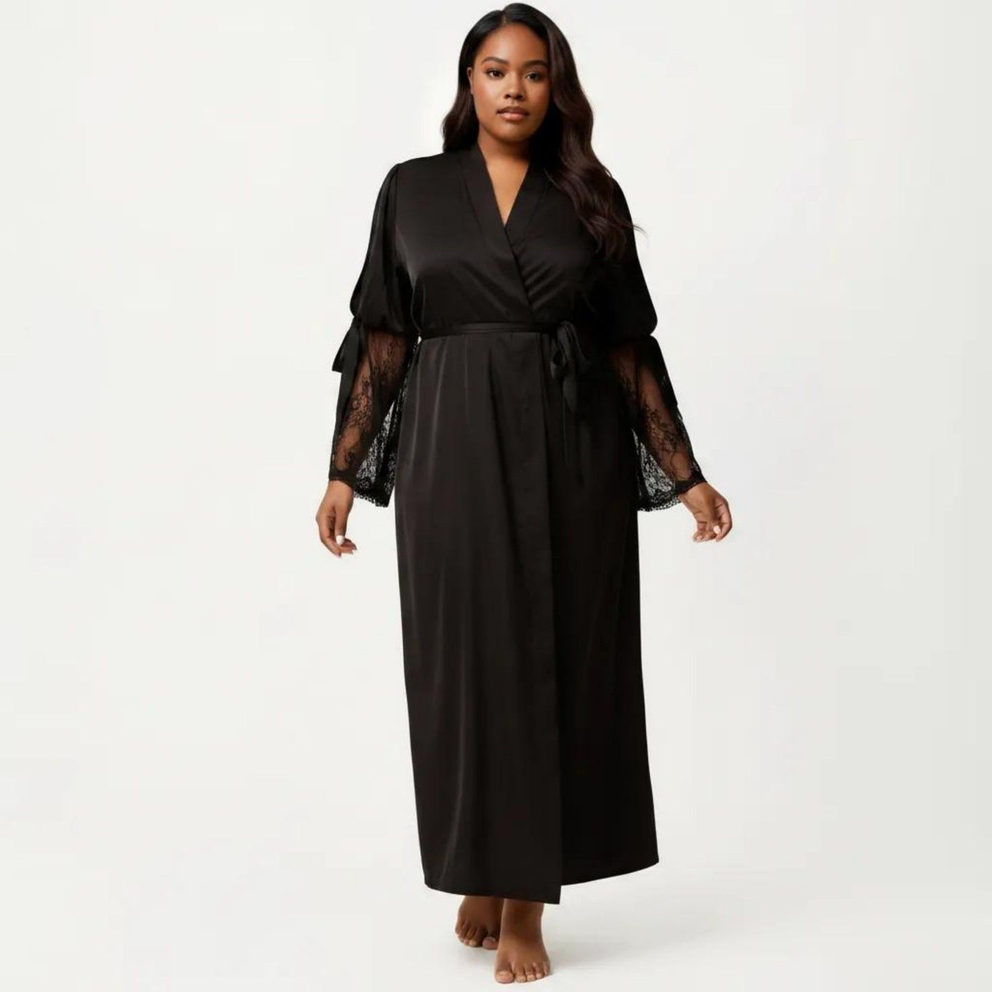 Plus Size Long Satin Robe Lace Sleeve Wrap Nightgown Belted Kimono Sleepwear