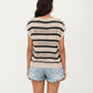 Short Sleeve Striped Open Knit Top with Button Shoulder Detail and Relaxed Fit