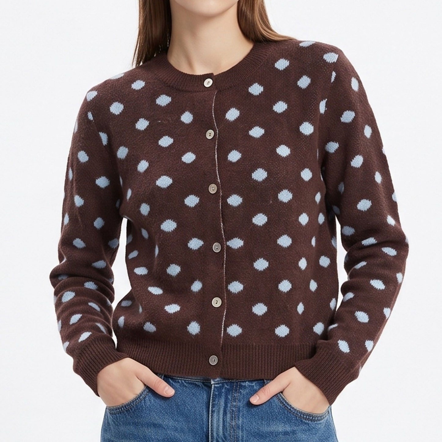 Polka Dot Crewneck Button Front Cardigan Sweater