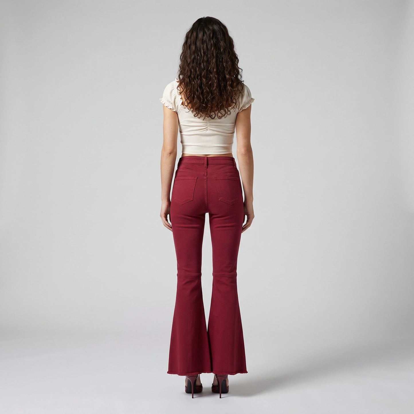 High Rise Flare Pants Button Front Stretch Wide Leg Hem Pants