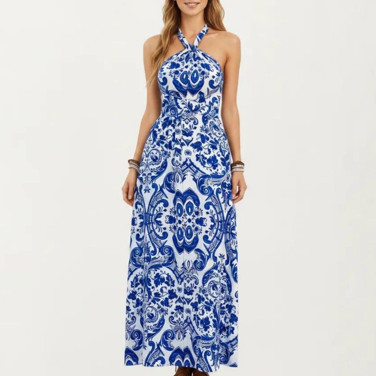 Mediterranean Tile Print Halter Maxi Dress with Criss-Cross Back