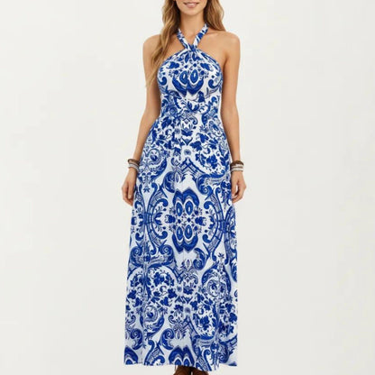 Mediterranean Tile Print Halter Maxi Dress with Criss-Cross Back