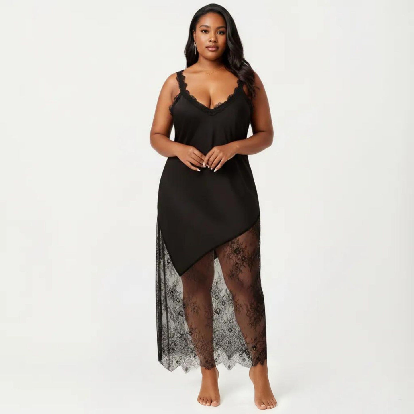 Plus Size Lace Trim Slip Dress Asymmetrical Hem Sheer Mesh Nightgown Sleepwear