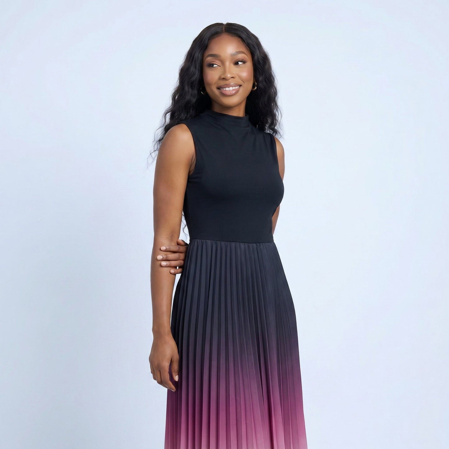 Sleeveless High Neck Pleated Ombre A-Line Maxi Dress with Flowy Skirt