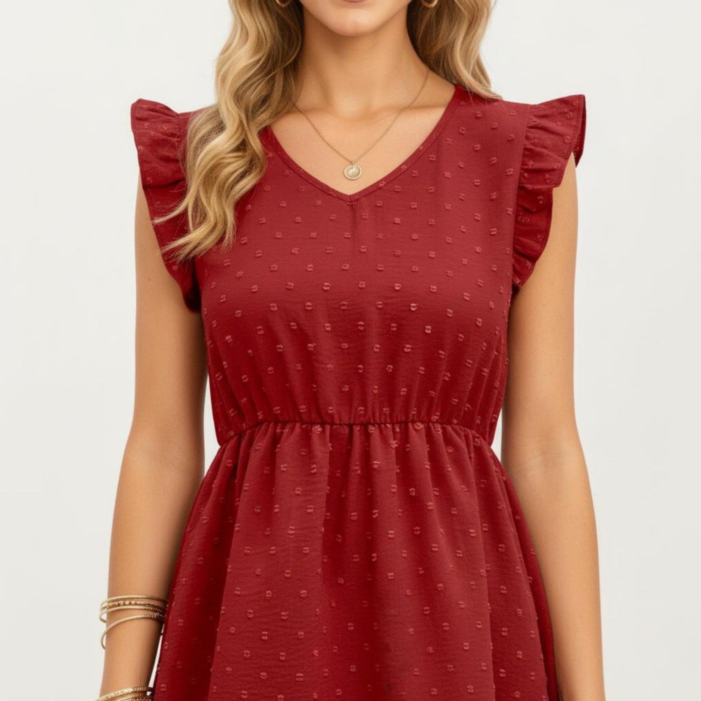 Swiss Dot Babydoll Dress with Ruffle Sleeves and V-Neckline