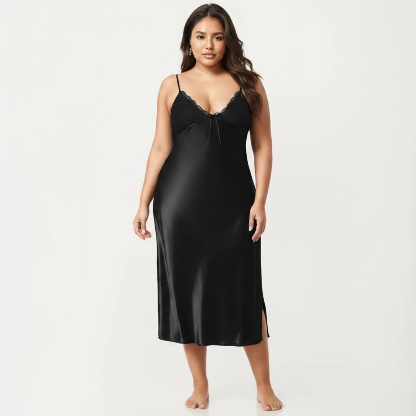 Plus Size Satin Chemise Nightgown with Lace Trim Neckline Adjustable Straps Side Slit Slip Dress