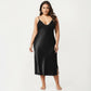 Plus Size Satin Chemise Nightgown with Lace Trim Neckline Adjustable Straps Side Slit Slip Dress