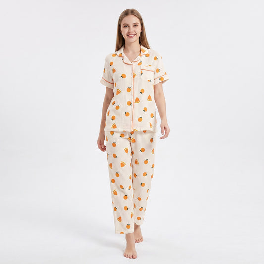 2-Piece Set Fruit Print Button Front Pajama Top and Relaxed Pants Sleepwear