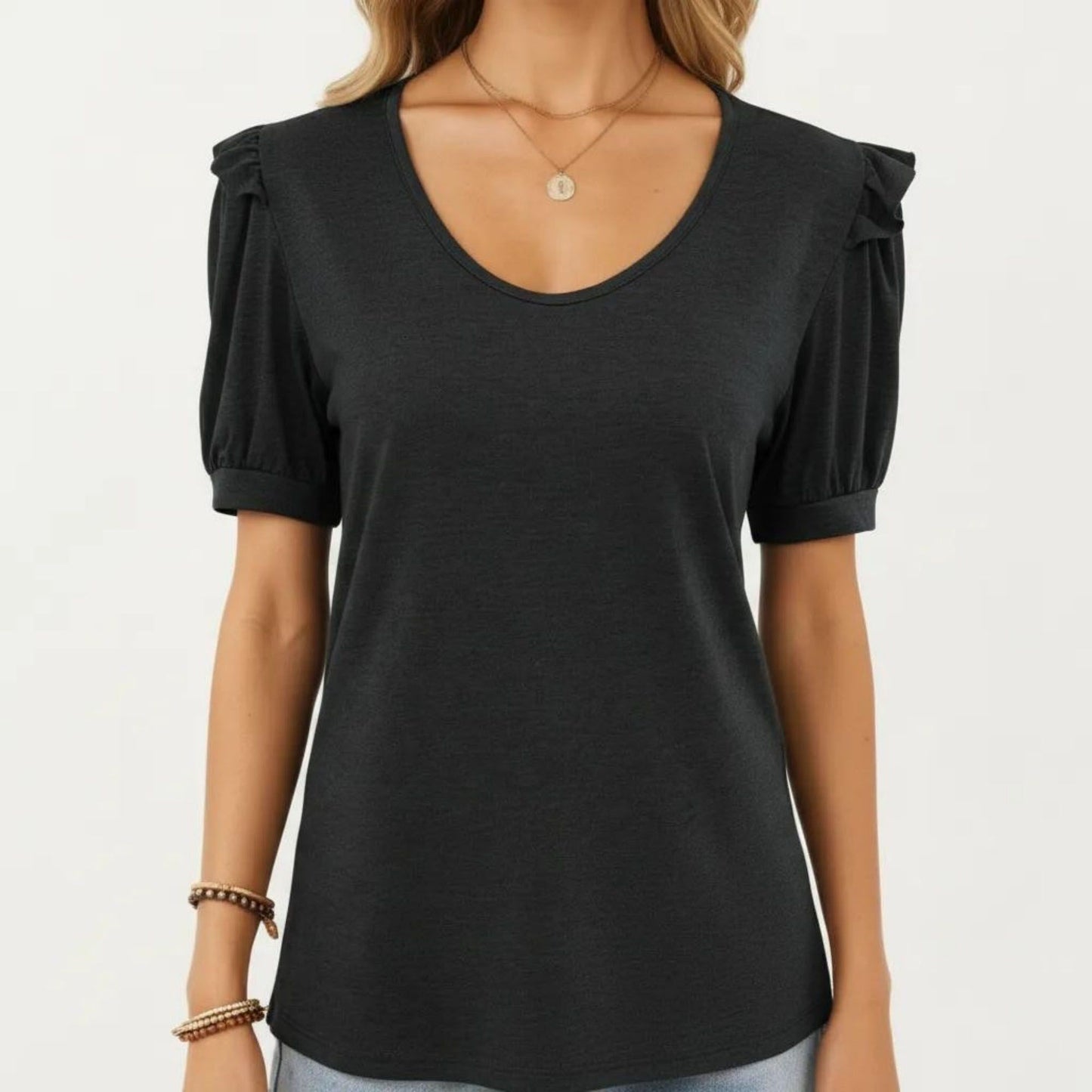 Short Puff Sleeve Top with Scoop Neck Textured Knit Relaxed Fit Casual Shirt