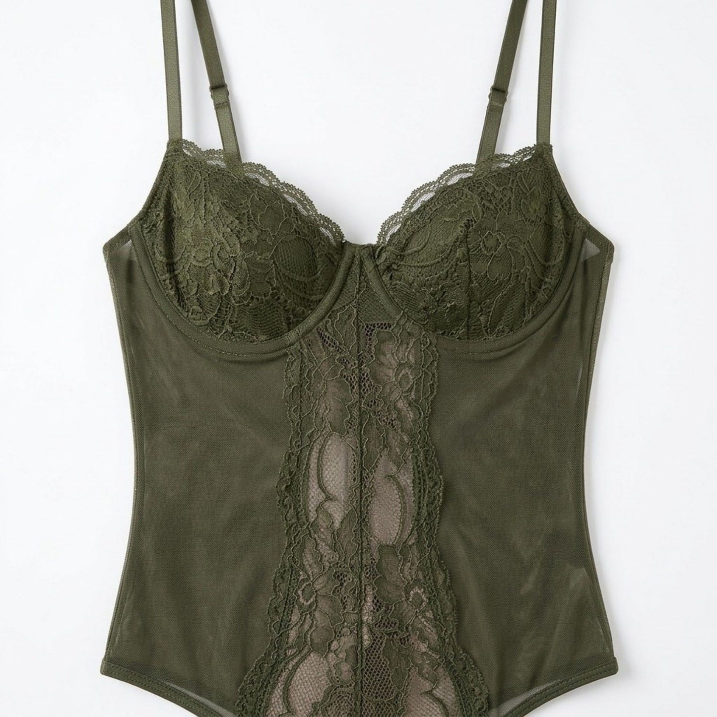 Floral Lace Mesh Bodysuit with Underwire Cups and Adjustable Straps