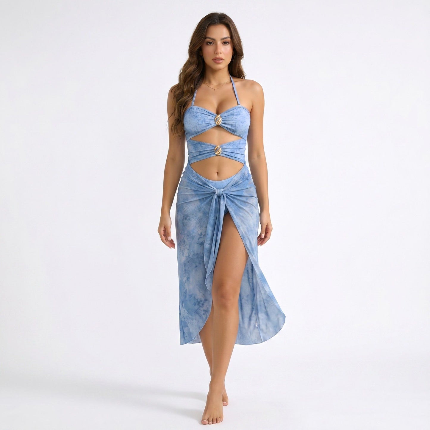 2-Piece Halter Cutout One Piece Swimsuit with Tie Front Wrap Skirt