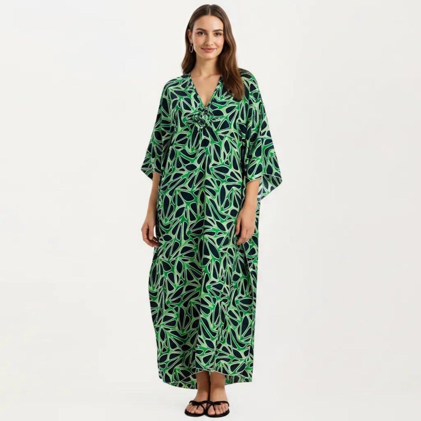 Floral Print Kaftan Maxi Dress with V-Neck Button Front and Flowy Batwing Sleeves