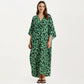 Floral Print Kaftan Maxi Dress with V-Neck Button Front and Flowy Batwing Sleeves