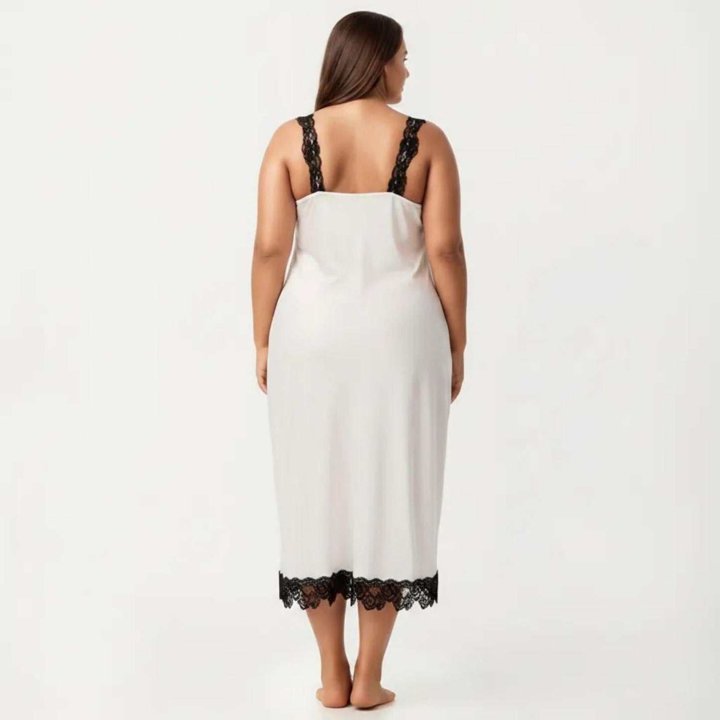 Plus Size Long Satin Chemise Lace Trim Split Hem Nightgown Adjustable Strap Slip Dress