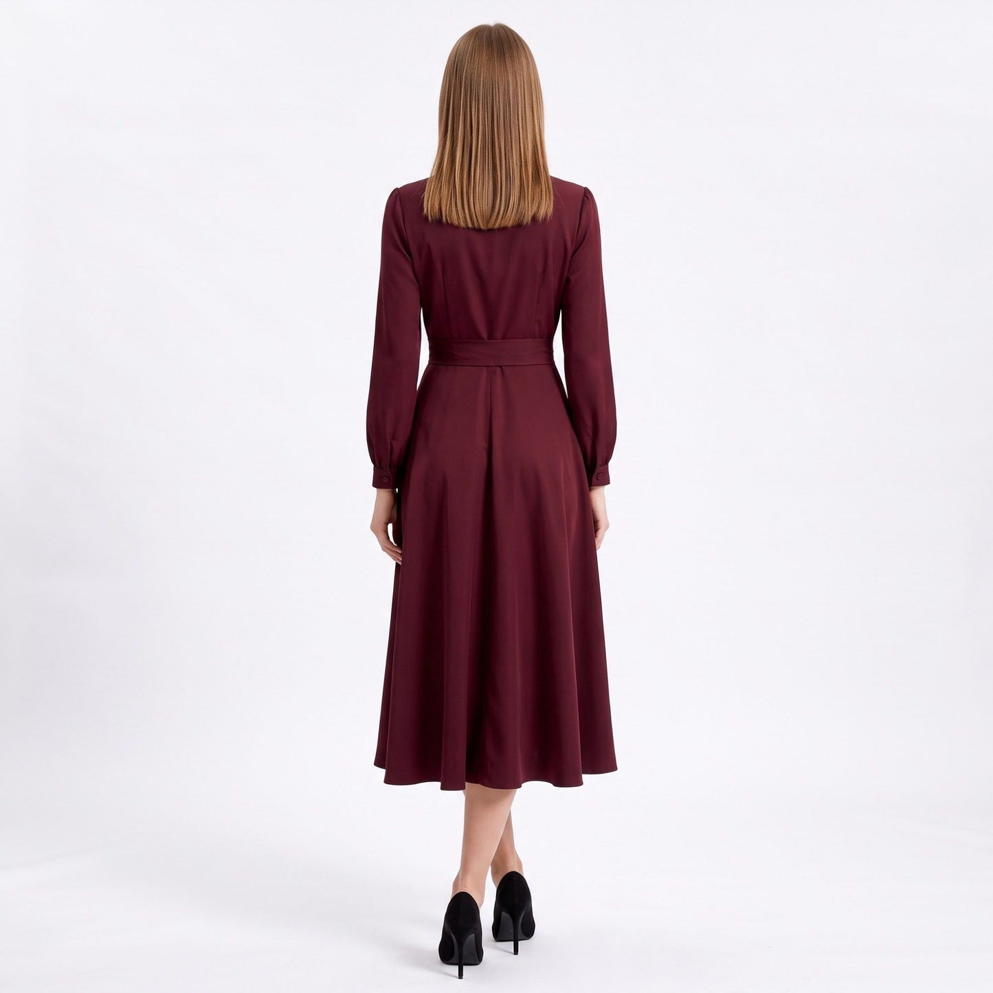 Long Sleeve Notched Collar Midi Dress with Defined Waist and Flared Skirt