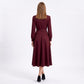 Long Sleeve Notched Collar Midi Dress with Defined Waist and Flared Skirt