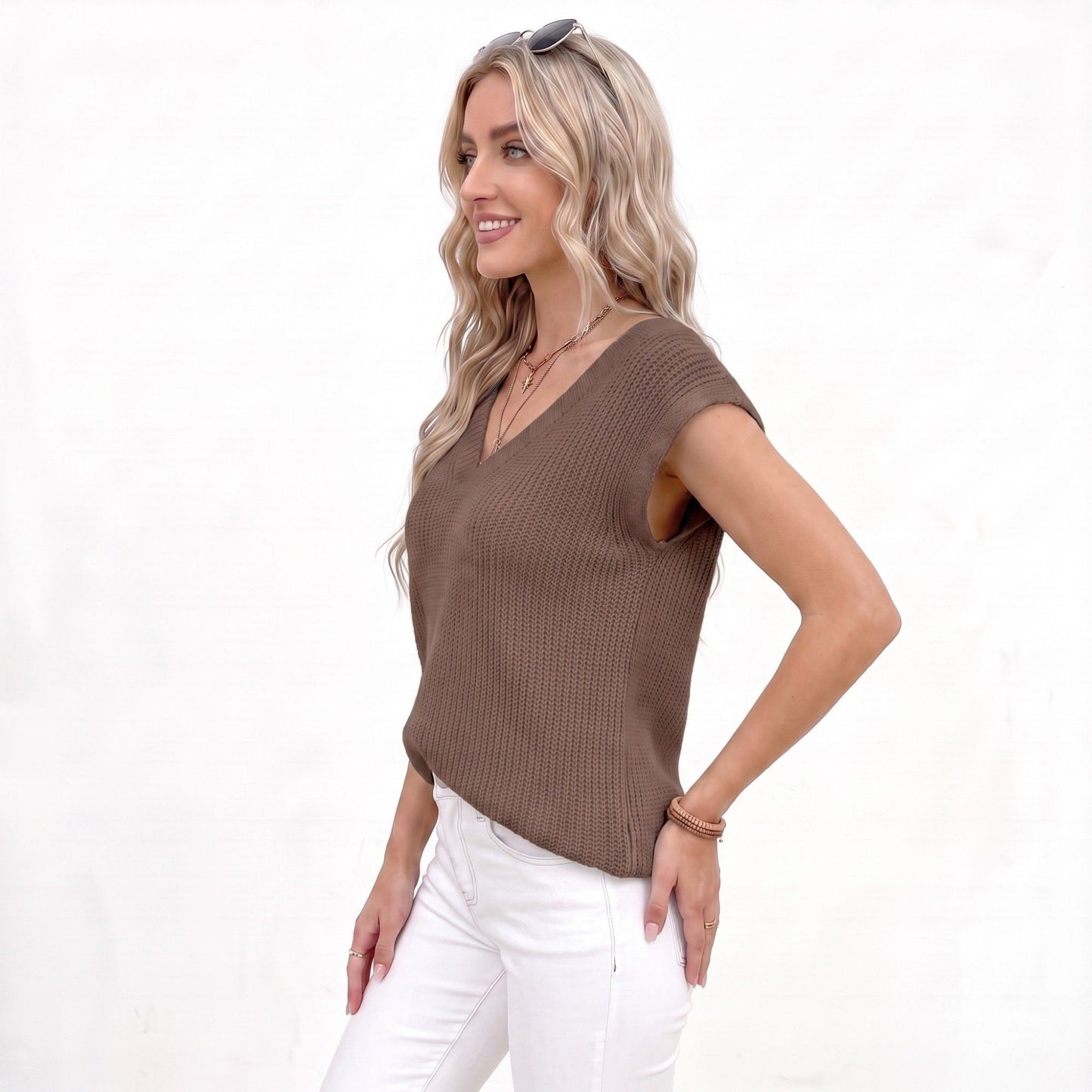 V Neck Sweater Vest Sleeveless Textured Knit Pullover Top