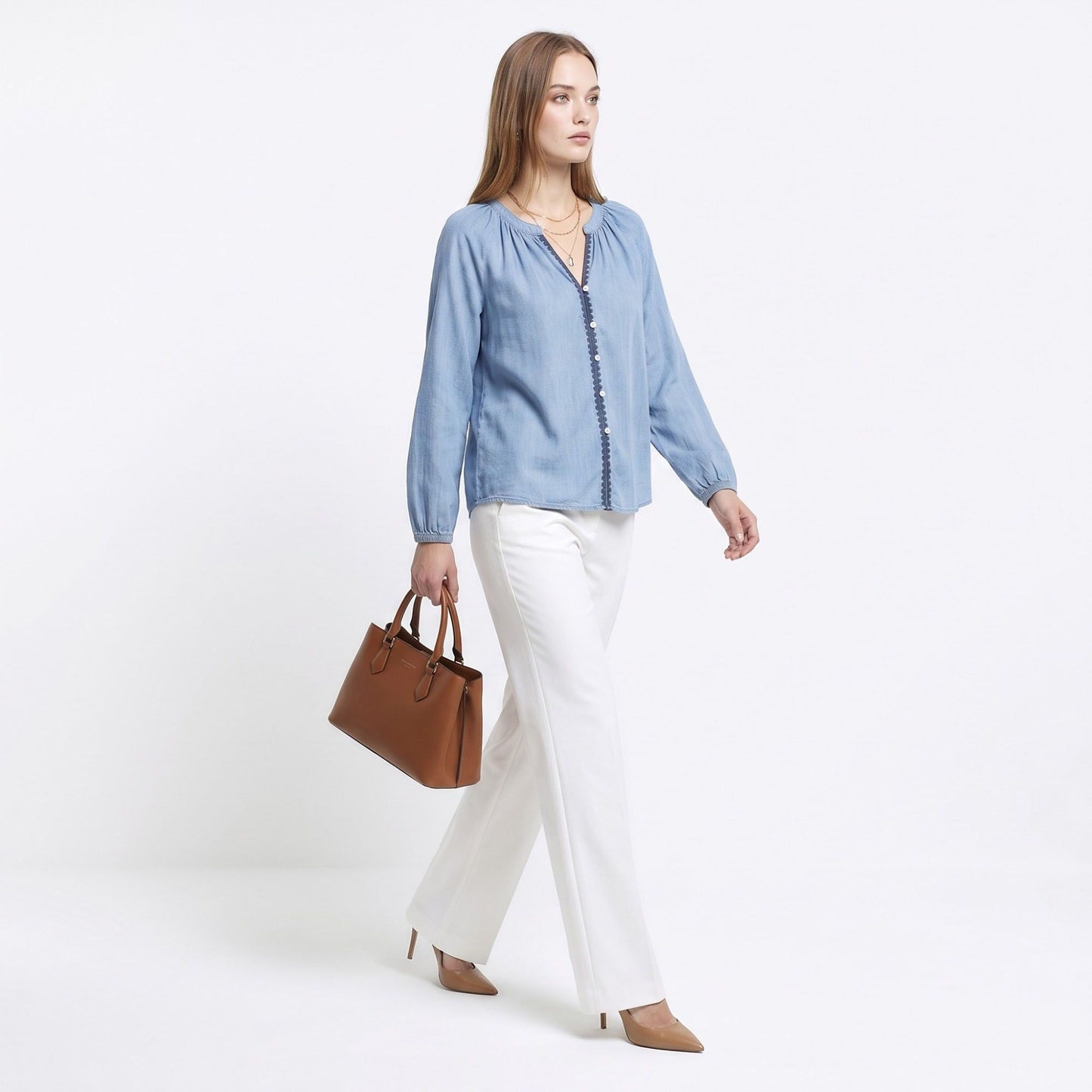Chambray Blouse Split Neck Button Front Long Sleeve Relaxed Fit Top