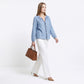 Chambray Blouse Split Neck Button Front Long Sleeve Relaxed Fit Top