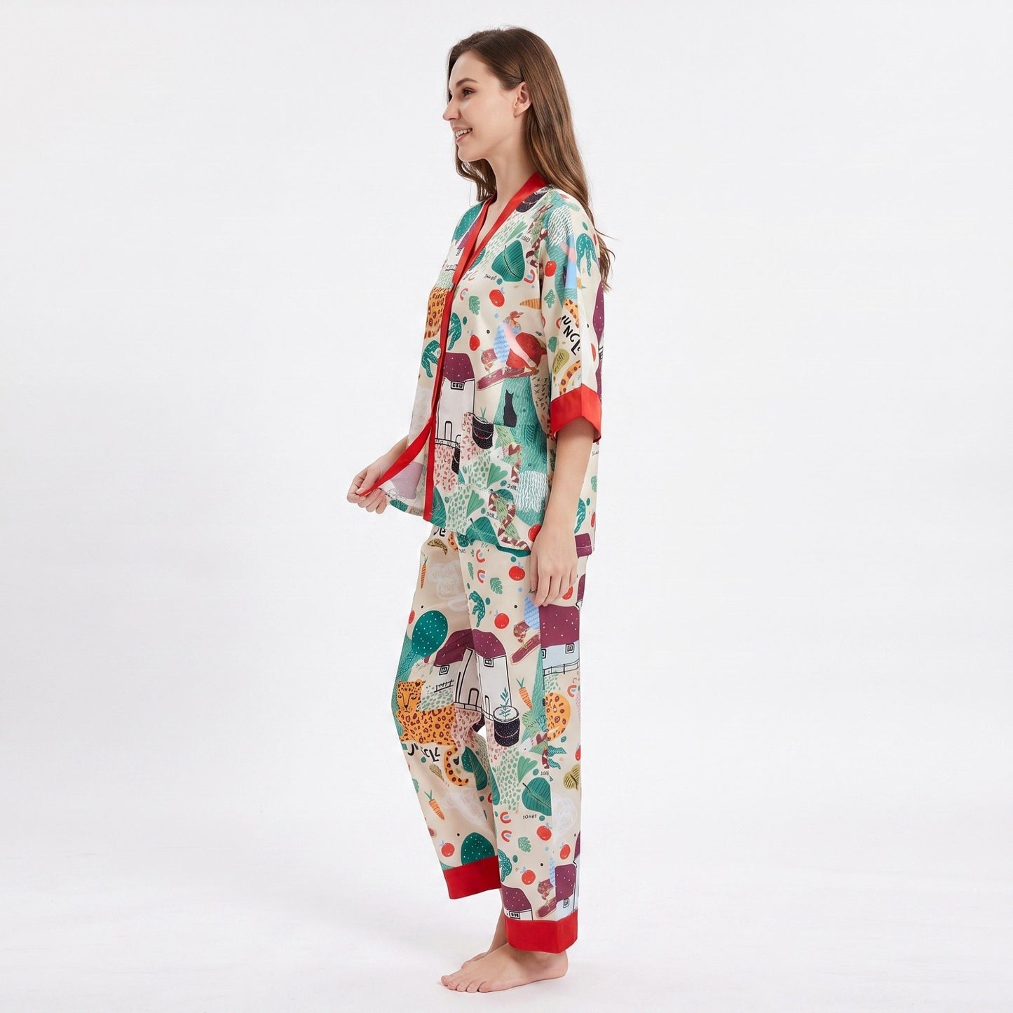 2-Piece Printed Pajama Set Button Front Short Sleeve Sleep Shirt and Long Pants